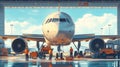 Ground crew performs maintenance on a large aircraft in a busy airport hangar