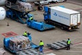 Ground crew preparing the KLM Royal Dutch Airlines airplane for the flight