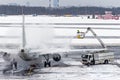 Ground crew provides de icing. They are spraying the aircraft, which prevents the occurrence of frost.