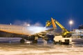 Ground deicing of a passenger aircraft on the night airport apron