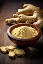 Ground ginger on a plate. Selective focus.