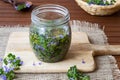 Ground-ivy leaves and flowers in a glass jar