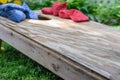 ground level view of cornhole board and bags game board