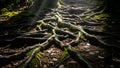 Exposed tree roots covered in moss create a natural pathway in the forest Royalty Free Stock Photo
