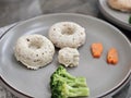 Ground meat dog food in donut and dog paw shape with carrot and broccoli Royalty Free Stock Photo