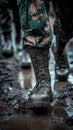 Ground operations are full of gritty reality, and military boots tread through mud with each step Royalty Free Stock Photo