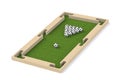Ground pool snookball game with football balls on green grass reaching goal. 3D rendering, 3D illustration,