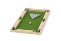 Ground pool snookball game with football balls on green grass reaching goal. 3D rendering, 3D illustration,