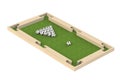 Ground pool snookball game with football balls on green grass reaching goal. 3D rendering, 3D illustration,