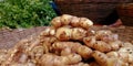 ground produce fresh organic ginger kept into the wooden basket at farmers produce goods shop Royalty Free Stock Photo