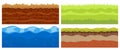 Ground sand, soil, water and grass layers. Desert game surface, type of nature dune gravel landscape, different pieces