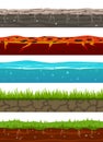 Ground seamless levels. Game earth surfaces with land grass, dried soil, water and ice, lava. Landscape layers seamless