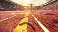 Ground shot of a Winner on a red Running track inside a Full Stadium with dazzling Sun and lots of confetti - AI Generated