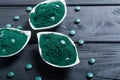 Ground spirulina and spirulina in pills