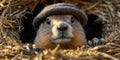 A ground squirrel looking out of its burrow, wearing a hat Royalty Free Stock Photo