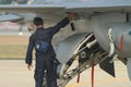Ground staff can check the jet fighter