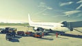 ground staff handling an aircraft before departure at the airport - loading luggage