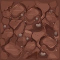 Ground texture, soil top view in cartoon style with stones and texture seamless. Game interface background, brown earth