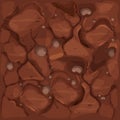 Ground texture, soil top view in cartoon style with stones and texture seamless. Game interface background, brown earth
