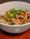 Ground Turkey, Corn, and Black Beans Over Rice in White Bowl, topped with green onions Royalty Free Stock Photo