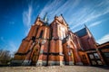 Ground up view of the City Church built in red bricks, ready year 1894. Umea, Northern Sweden