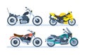 Ground vehicles. Different types of motorcycles: sports, tourist, classic, off-road.