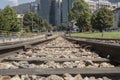 Ground view of Usaquen Trauin station at North of bogota city with modern skyscrapers