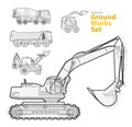 Ground works machines vehicles, black and white outlined composition. Construction machinery equipment. Royalty Free Stock Photo