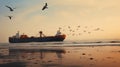 Grounded Cargo Ship with Flock of Seagulls at Beach