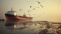 Grounded Cargo Ship with Flock of Seagulls at Beach