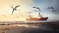 Grounded Cargo Ship with Flock of Seagulls at Beach