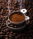 Grounded coffee, beans, coffe maker and spicces Royalty Free Stock Photo