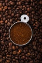 Grounded coffee, beans, coffe maker and spicces Royalty Free Stock Photo