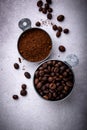 Grounded coffee, beans, coffe maker and spicces Royalty Free Stock Photo