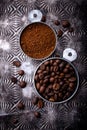 Grounded coffee, beans, coffe maker and spicces Royalty Free Stock Photo