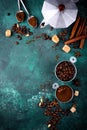 Grounded coffee, beans, coffe maker and spicces Royalty Free Stock Photo