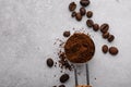 Grounded coffee, beans, coffe maker and spicces Royalty Free Stock Photo