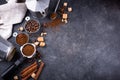 Grounded coffee, beans, coffe maker and spicces Royalty Free Stock Photo
