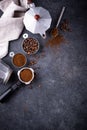 Grounded coffee, beans, coffe maker and spicces Royalty Free Stock Photo