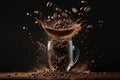 while and grounded coffee beans in  motion Royalty Free Stock Photo