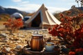 Grounded coffee pot and mug set the scene in a camp