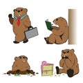 Anthropomorphized Groundhog character dressed as a poet and a businessman eating cake and digging ground