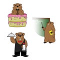 Anthropomorphized Groundhog character dressed as a Waiter Butler and Teacher eating cake