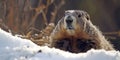 groundhog crawled out of the hole and looked around in cold snowy weather, Groundhog Day, banner, poster
