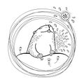 Vector Happy Groundhog day card with outline cute groundhog or marmot or woodchuck in black isolated on white background.