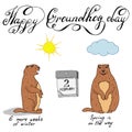 Groundhog Day color cartoon illustration with handwritten lettering. Sketched holiday design set with marmot. Royalty Free Stock Photo