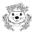 Groundhog Day coloring page. Coloring page muzzle of a cute marmot with flowers Royalty Free Stock Photo