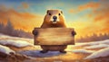 Groundhog day concept with a marmot stands on the melting snow against winter sunset background holding an old wooden banner with