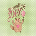 Groundhog Day gift card. Hand drawn beautiful smiling hamster. Vector illustration. Can be used for print, greeting cards or blog