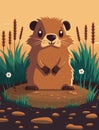 Groundhog day. Groundhog in his burrow. Cartoon graphics